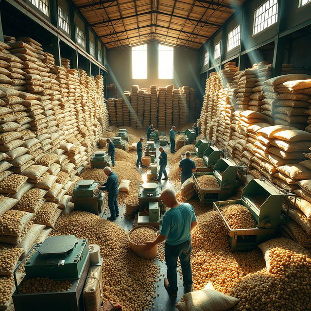 A large pistachio warehouse bustling with workers diligently sorting and processing pistachios