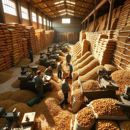 A large pistachio warehouse bustling with workers diligently sorting and processing pistachios