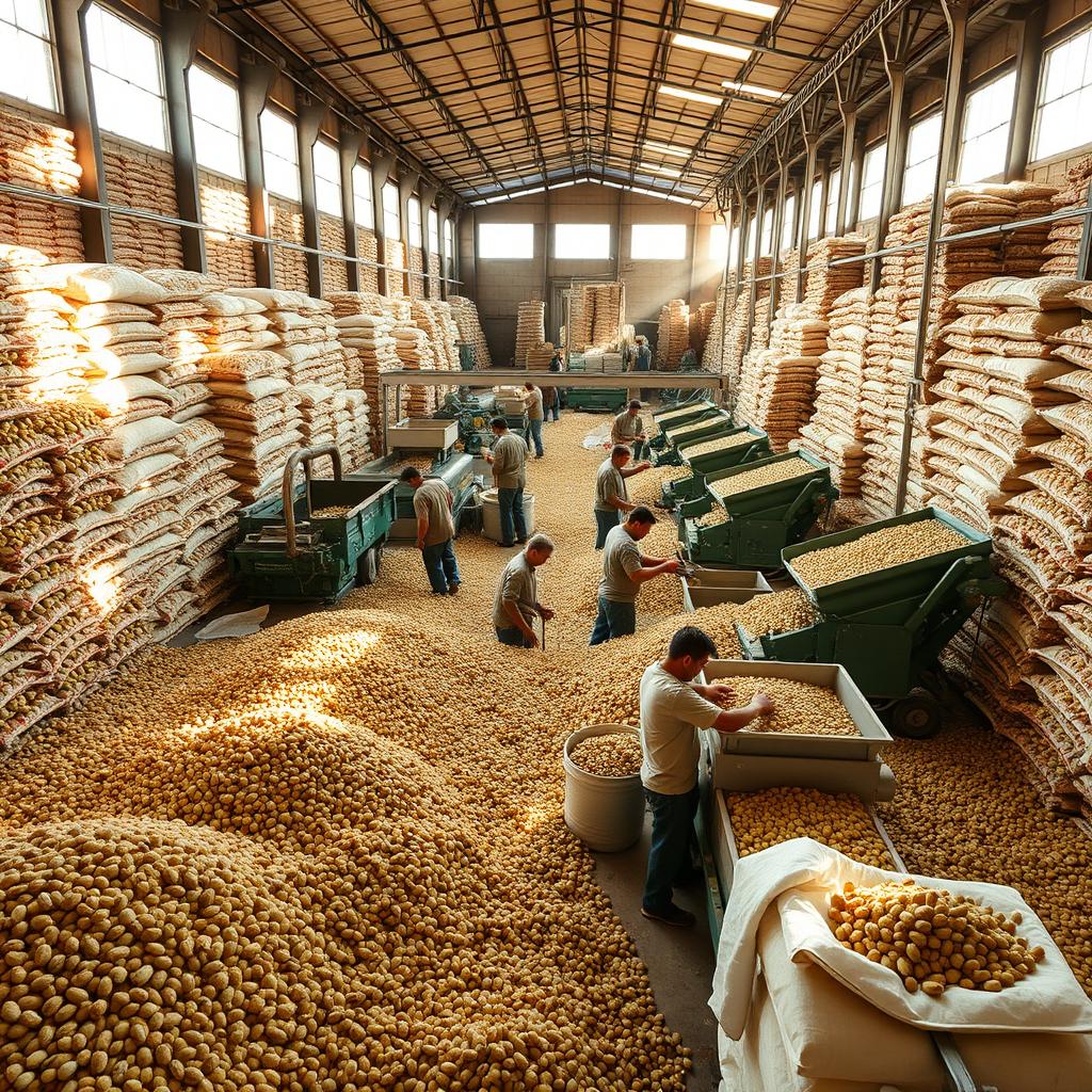 A large pistachio warehouse bustling with workers diligently sorting and processing pistachios