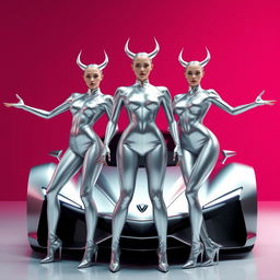 Three futuristic women standing confidently in front of a sleek, silver car