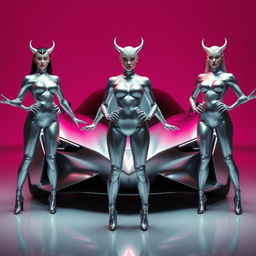 Three futuristic women standing confidently in front of a sleek, silver car