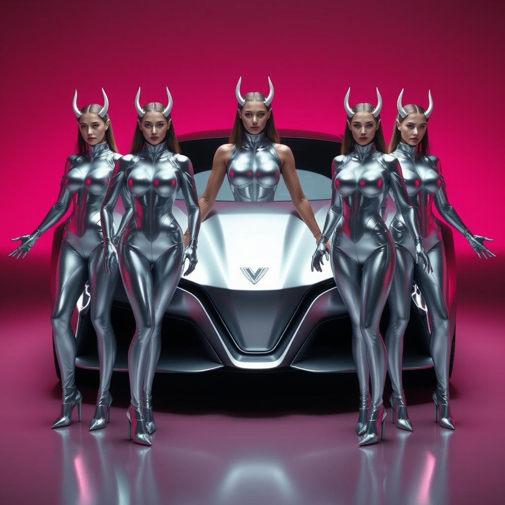 Three futuristic women standing confidently in front of a sleek, silver car