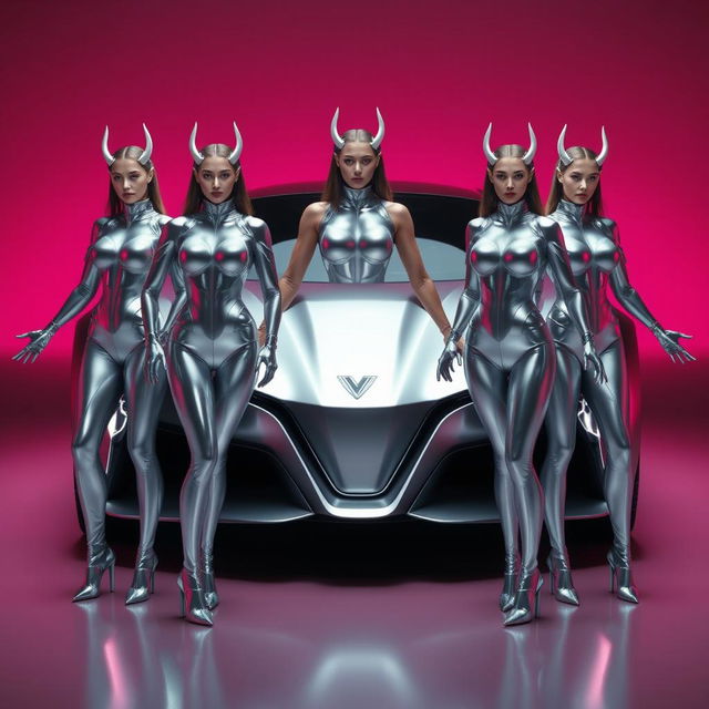 Three futuristic women standing confidently in front of a sleek, silver car