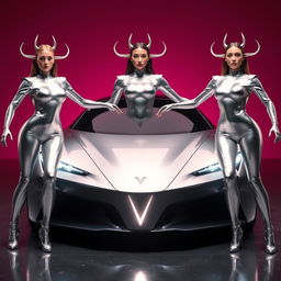 Three futuristic women standing confidently in front of a sleek, silver car