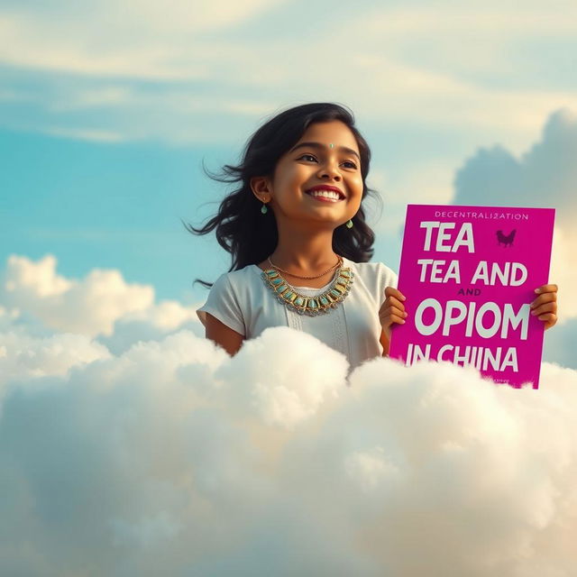 A whimsical scene featuring an Indian girl named Fatima floating on fluffy, white clouds