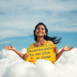 A whimsical scene featuring an Indian girl named Fatima floating on fluffy, white clouds