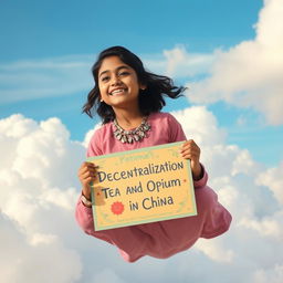 A whimsical scene featuring an Indian girl named Fatima floating on fluffy, white clouds