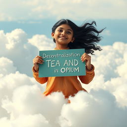 A whimsical scene featuring an Indian girl named Fatima floating on fluffy, white clouds