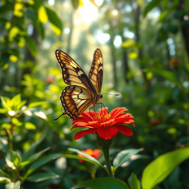 A stunningly realistic butterfly perched on a vibrant flower in its natural habitat, surrounded by lush green foliage and dappled sunlight filtering through the leaves