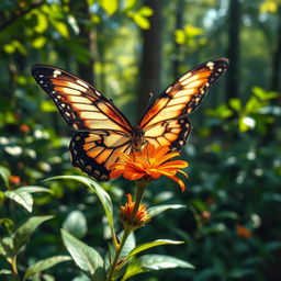A stunningly realistic butterfly perched on a vibrant flower in its natural habitat, surrounded by lush green foliage and dappled sunlight filtering through the leaves