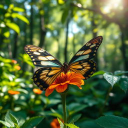 A stunningly realistic butterfly perched on a vibrant flower in its natural habitat, surrounded by lush green foliage and dappled sunlight filtering through the leaves