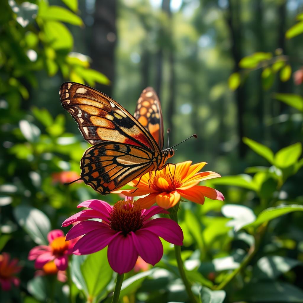 A stunningly realistic butterfly perched on a vibrant flower in its natural habitat, surrounded by lush green foliage and dappled sunlight filtering through the leaves