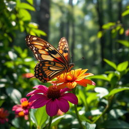 A stunningly realistic butterfly perched on a vibrant flower in its natural habitat, surrounded by lush green foliage and dappled sunlight filtering through the leaves