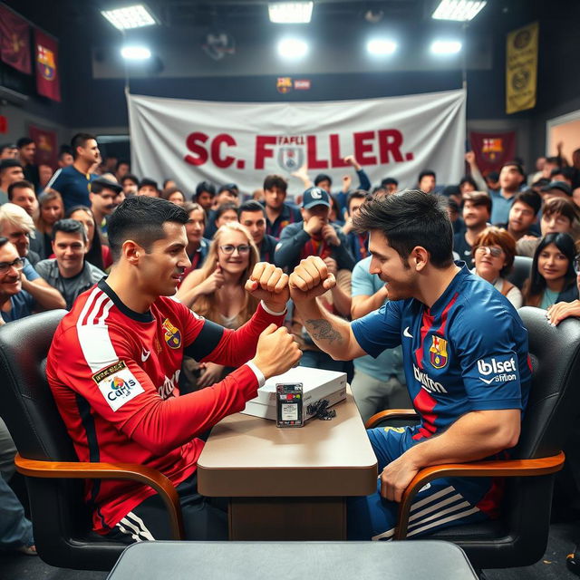 Cristiano Ronaldo and Lionel Messi, two famous football players, engaged in a fierce arm wrestling match, both sitting confidently in their chairs