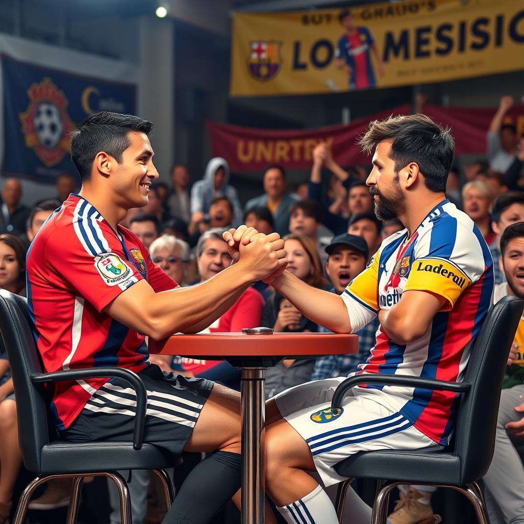 Cristiano Ronaldo and Lionel Messi, two famous football players, engaged in a fierce arm wrestling match, both sitting confidently in their chairs