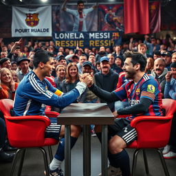 Cristiano Ronaldo and Lionel Messi, two famous football players, engaged in a fierce arm wrestling match, both sitting confidently in their chairs