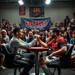 Cristiano Ronaldo and Lionel Messi, two famous football players, engaged in a fierce arm wrestling match, both sitting confidently in their chairs