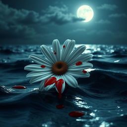 A pristine white daisy flower with fresh red blood drops delicately scattered on its petals, positioned atop the gently rolling waves of the ocean