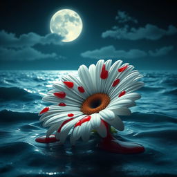 A pristine white daisy flower with fresh red blood drops delicately scattered on its petals, positioned atop the gently rolling waves of the ocean