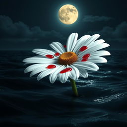 A pristine white daisy flower with fresh red blood drops delicately scattered on its petals, positioned atop the gently rolling waves of the ocean