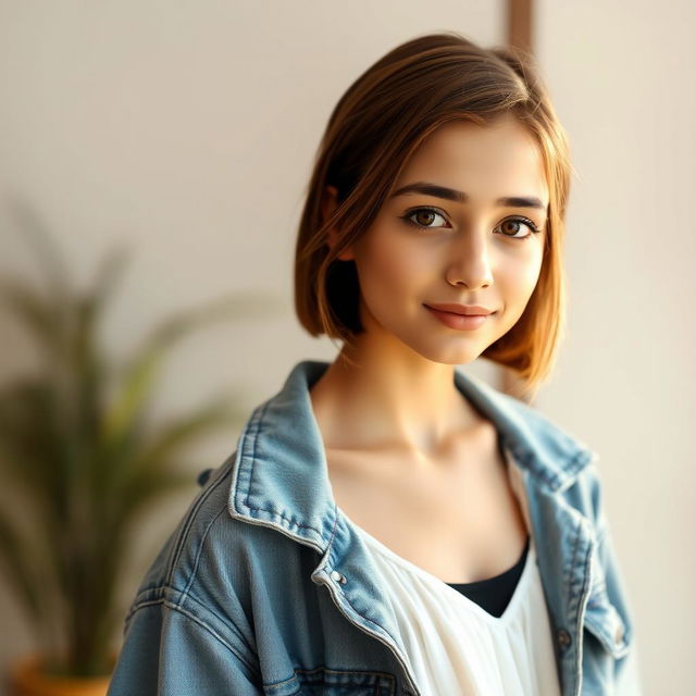 A portrait of an 18-year-old Iranian girl named Hasna, featuring her with bare and short shoulder-length brown hair, bright brown eyes, wearing a chic white dress that flows gently down to her knees