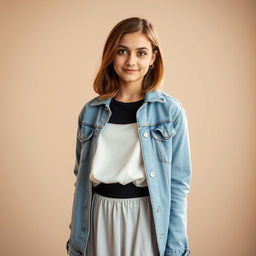 A portrait of an 18-year-old Iranian girl named Hasna, featuring her with bare and short shoulder-length brown hair, bright brown eyes, wearing a chic white dress that flows gently down to her knees