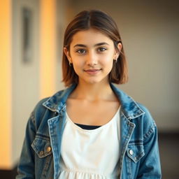 A portrait of an 18-year-old Iranian girl named Hasna, featuring her with bare and short shoulder-length brown hair, bright brown eyes, wearing a chic white dress that flows gently down to her knees