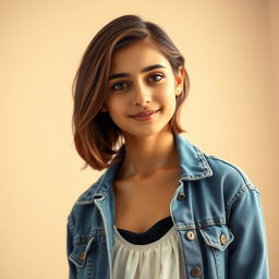 A portrait of an 18-year-old Iranian girl named Hasna, featuring her with bare and short shoulder-length brown hair, bright brown eyes, wearing a chic white dress that flows gently down to her knees