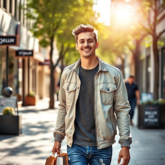 A young man walking down the street with a bright smile on his face, holding a shopping bag in one hand