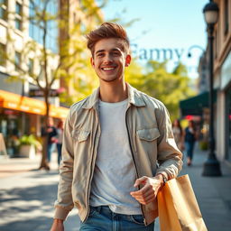 A young man walking down the street with a bright smile on his face, holding a shopping bag in one hand