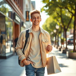 A young man walking down the street with a bright smile on his face, holding a shopping bag in one hand