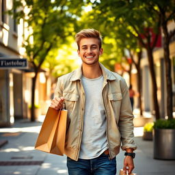 A young man walking down the street with a bright smile on his face, holding a shopping bag in one hand