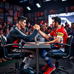 Cristiano Ronaldo and Lionel Messi, two legendary football players, engaged in an intense arm wrestling contest while seated in sturdy chairs
