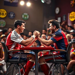 Cristiano Ronaldo and Lionel Messi, two legendary football players, engaged in an intense arm wrestling contest while seated in sturdy chairs