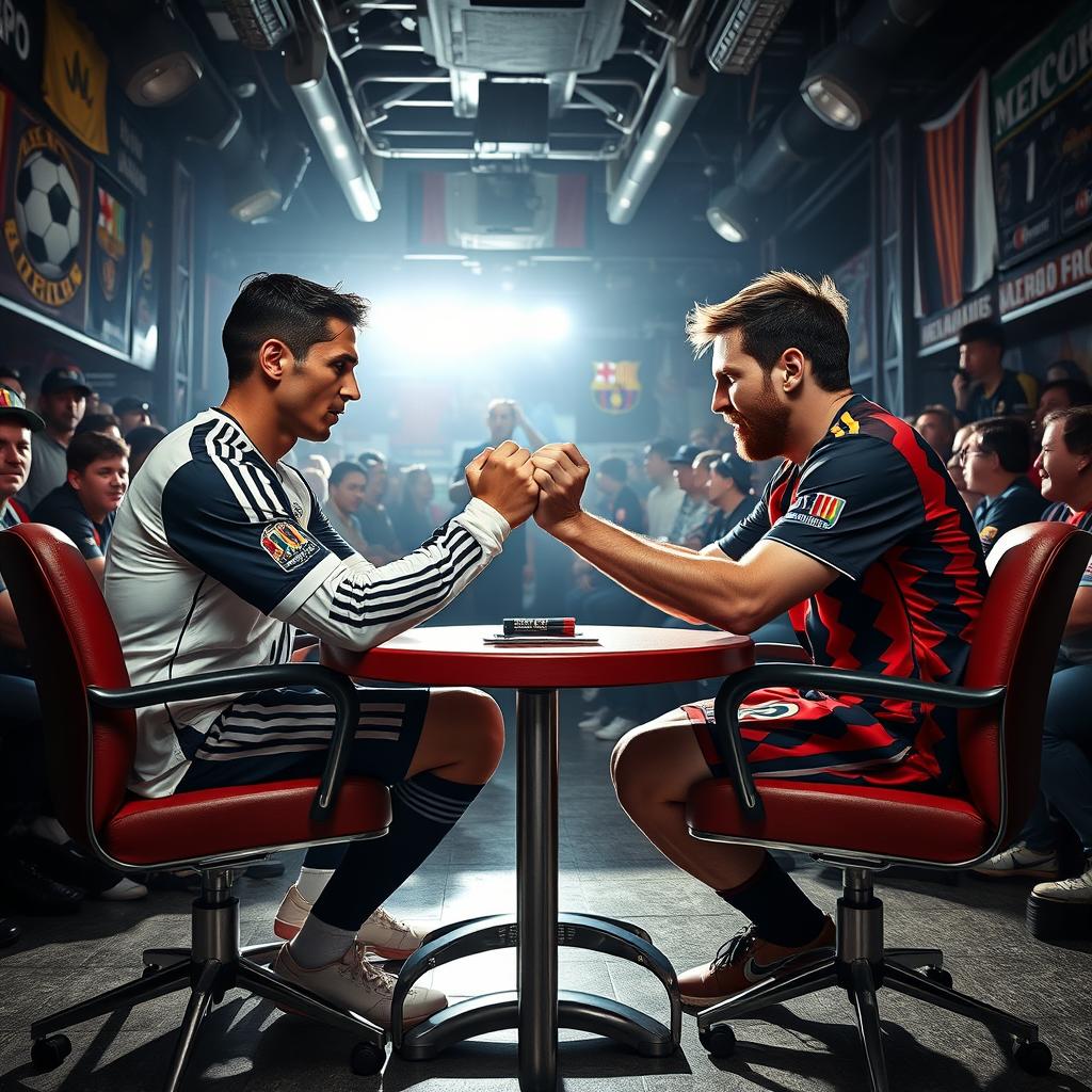 Cristiano Ronaldo and Lionel Messi, two legendary football players, engaged in an intense arm wrestling contest while seated in sturdy chairs