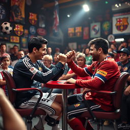 Cristiano Ronaldo and Lionel Messi, two legendary football players, engaged in an intense arm wrestling contest while seated in sturdy chairs