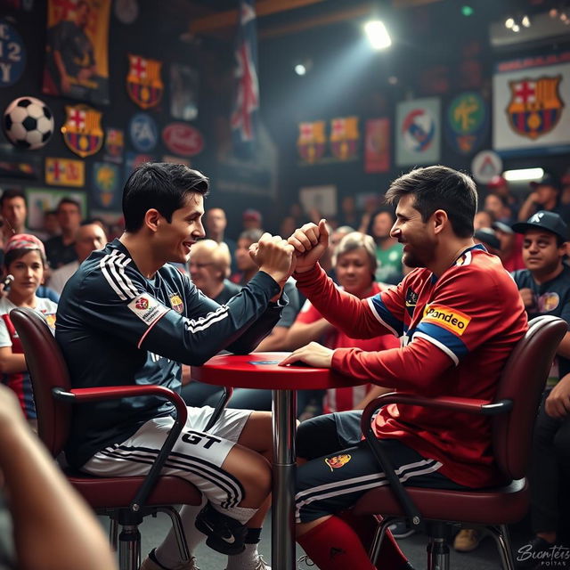 Cristiano Ronaldo and Lionel Messi, two legendary football players, engaged in an intense arm wrestling contest while seated in sturdy chairs