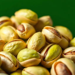 An artistic representation of pistachios, elegantly arranged in a vibrant, eye-catching composition emphasizing their rich green color and textures, featuring both opened and closed shells to showcase the variety, with a soft focus background to enhance the visual appeal