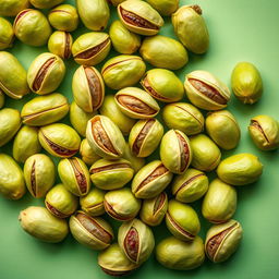 An artistic representation of pistachios, elegantly arranged in a vibrant, eye-catching composition emphasizing their rich green color and textures, featuring both opened and closed shells to showcase the variety, with a soft focus background to enhance the visual appeal