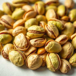 An artistic representation of pistachios, elegantly arranged in a vibrant, eye-catching composition emphasizing their rich green color and textures, featuring both opened and closed shells to showcase the variety, with a soft focus background to enhance the visual appeal
