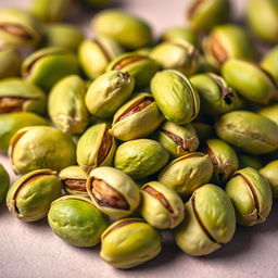 An artistic representation of pistachios, elegantly arranged in a vibrant, eye-catching composition emphasizing their rich green color and textures, featuring both opened and closed shells to showcase the variety, with a soft focus background to enhance the visual appeal