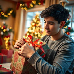 A young man carefully wrapping a beautifully ornate gift with colorful wrapping paper, surrounded by a festive atmosphere filled with cheerful decorations