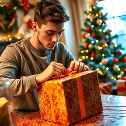 A young man carefully wrapping a beautifully ornate gift with colorful wrapping paper, surrounded by a festive atmosphere filled with cheerful decorations
