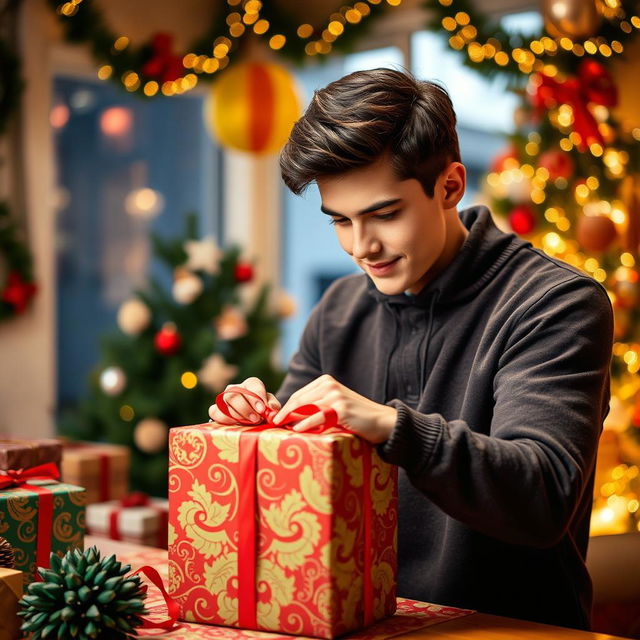 A young man carefully wrapping a beautifully ornate gift with colorful wrapping paper, surrounded by a festive atmosphere filled with cheerful decorations