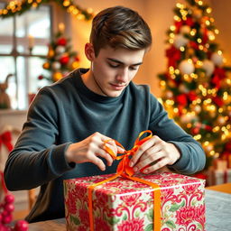 A young man carefully wrapping a beautifully ornate gift with colorful wrapping paper, surrounded by a festive atmosphere filled with cheerful decorations