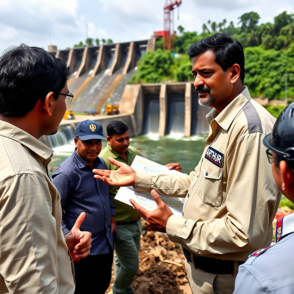 A focused scene featuring an Indian engineer named Arthur, standing at a dam site