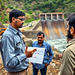 A focused scene featuring an Indian engineer named Arthur, standing at a dam site