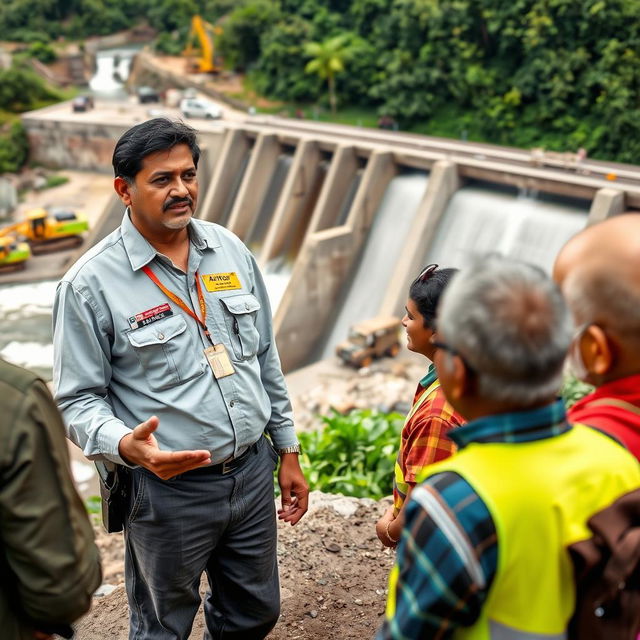 A focused scene featuring an Indian engineer named Arthur, standing at a dam site