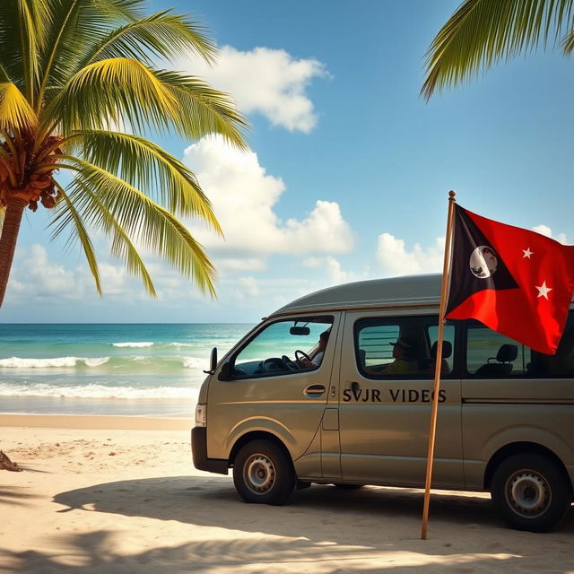 A realistic scene depicting a van parked on a coconut beach, prominently featuring the name "SVJR VIDEOS" on its side