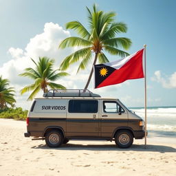 A realistic scene depicting a van parked on a coconut beach, prominently featuring the name "SVJR VIDEOS" on its side